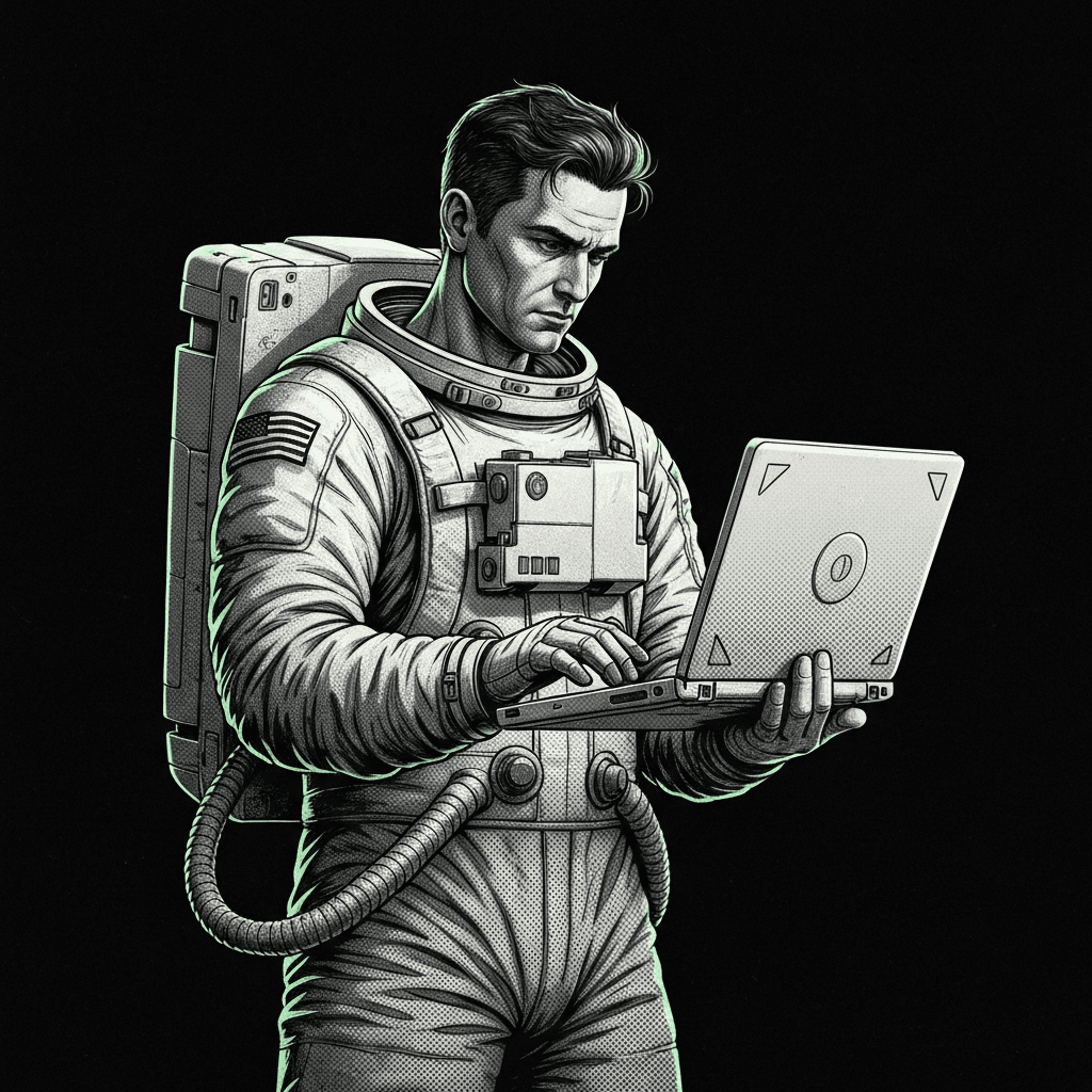 Astronaut silhouette standing, holding a laptop